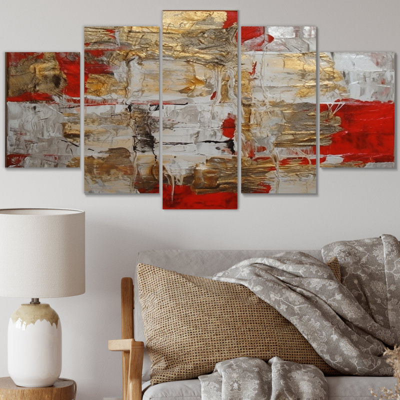 «Cardinal Sin Retro Delight Abstract Red & Gold I», reproduction d'art sur toile abstraite - 5 panneaux