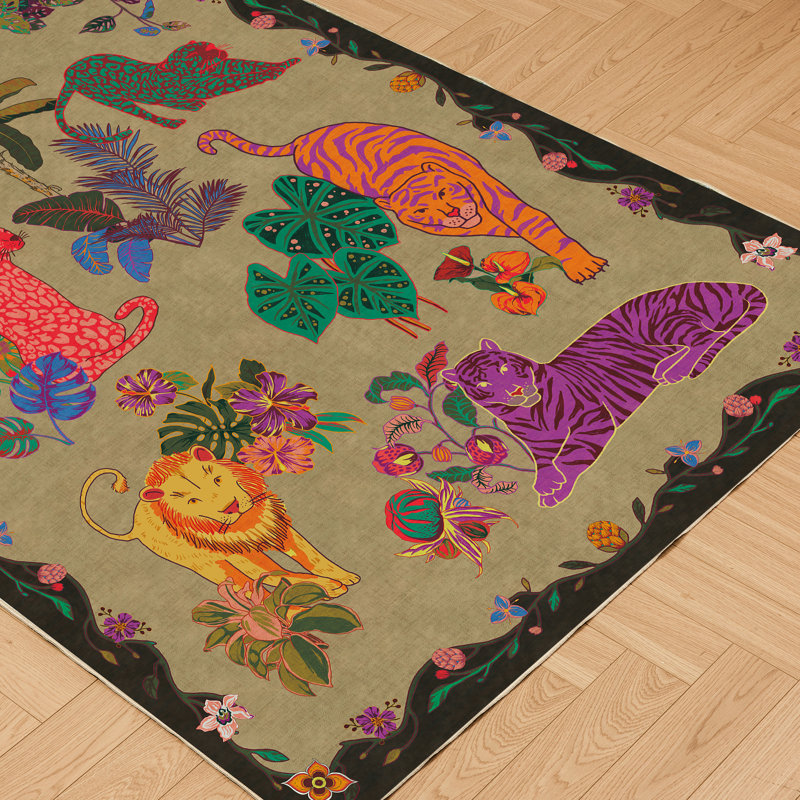 Oriental Animal Print with Tropical Botanical Floral Machine Washable Area Rug, Rectangle 6' x 9', Taupe and Black