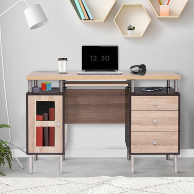 Bureau de direction en bois Chinonye avec plateau pour clavier, station de chargement intégrée, armoire de rangement et 3 tiroirs