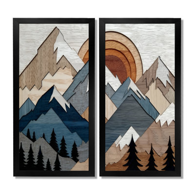 «Blue Orange Bold Mountains Landscape - Landscape», art encadré, décoration murale abstraite bleue 2 pièces