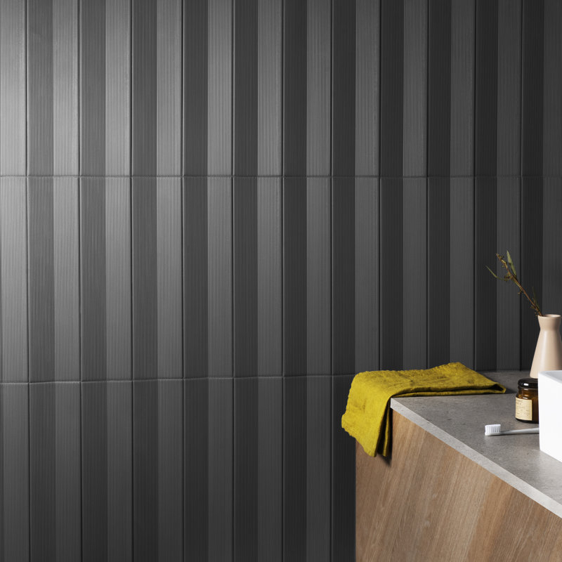 Level Concave 3.93" x 15.74" Ceramic Patterned Tile, Charcoal