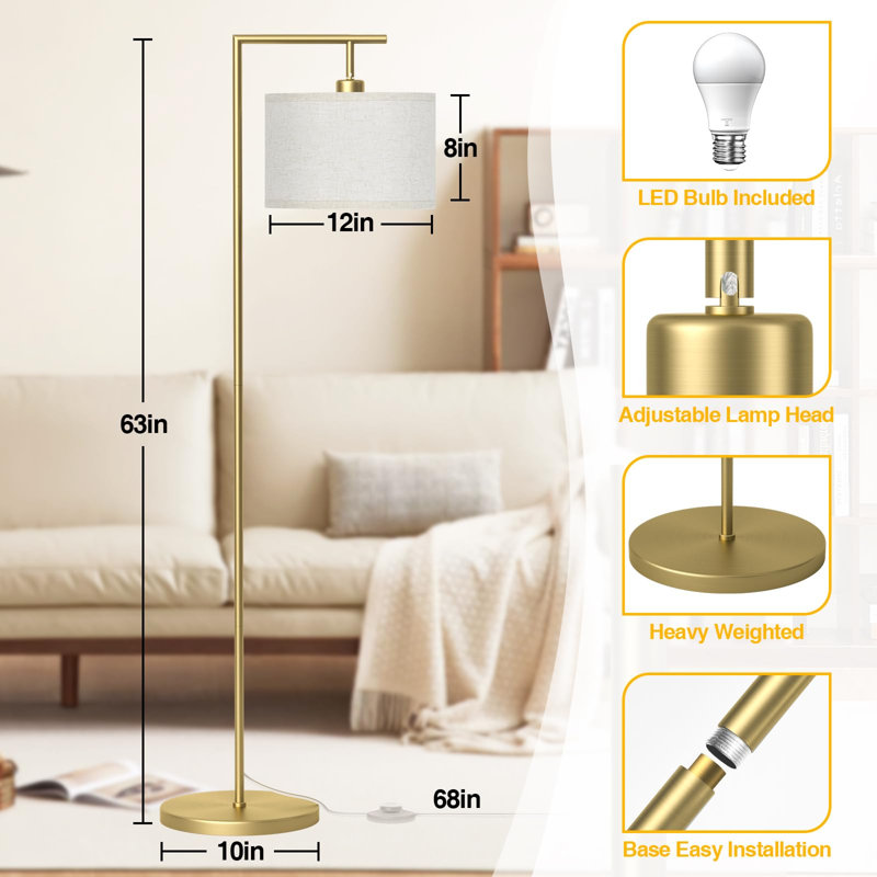Modern Floor Lamp With 3 Color Temperatures, Adjustable Shade, Brushed Metal Finish, For Living Room, Bedroom, Office, And More