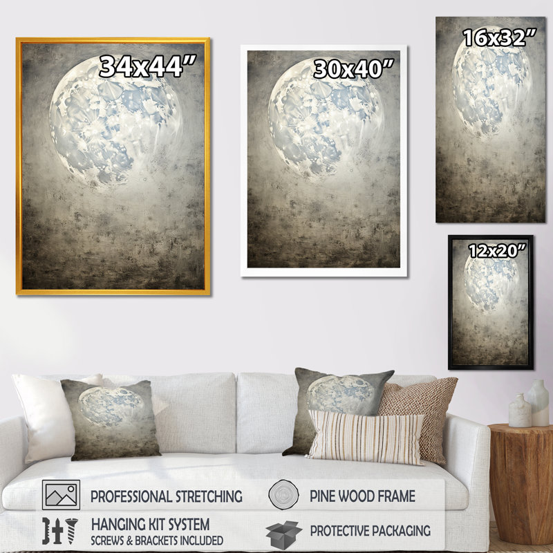 Minimalisme, lune grise, surface 3 - Tachisme, art mural, Cadre simple noir, H 20 po x l 12 po x P 1 po