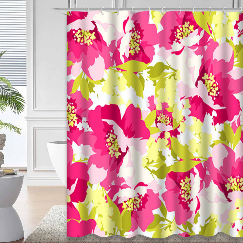 Magnifique rideau de douche à motif floral rose et vert avec 12 crochets, L 72 po x l 78 po
