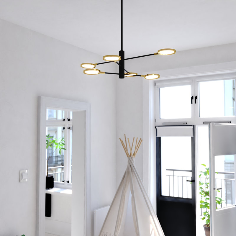 Reshae 6L Matte Black And Gold Contemporary LED Pendant Light Adjustable Arms
