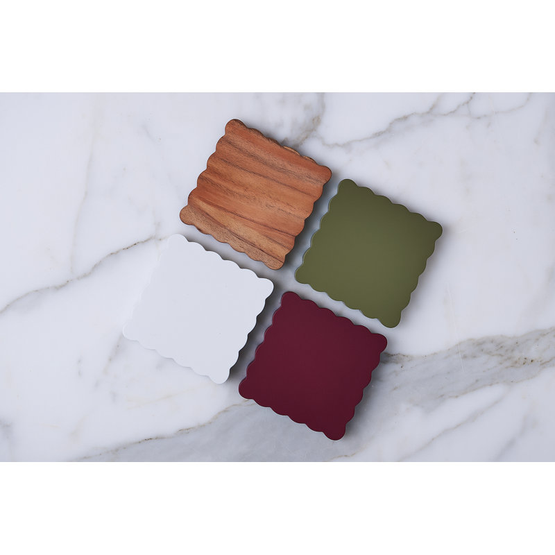 Scalloped Wood Coasters, Square, White/Brown/Green
