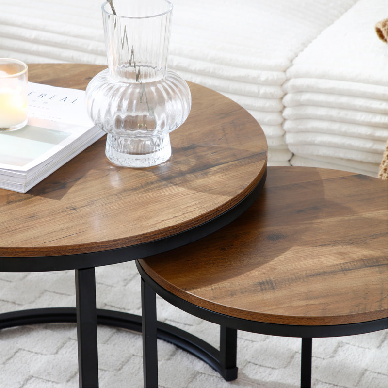 Ensemble de 2 tables basses gigognes à plateau de table rond avec cadre en métal robuste, centre de table, salon, chambre à coucher, appartement, table de chevet simple, industrielle