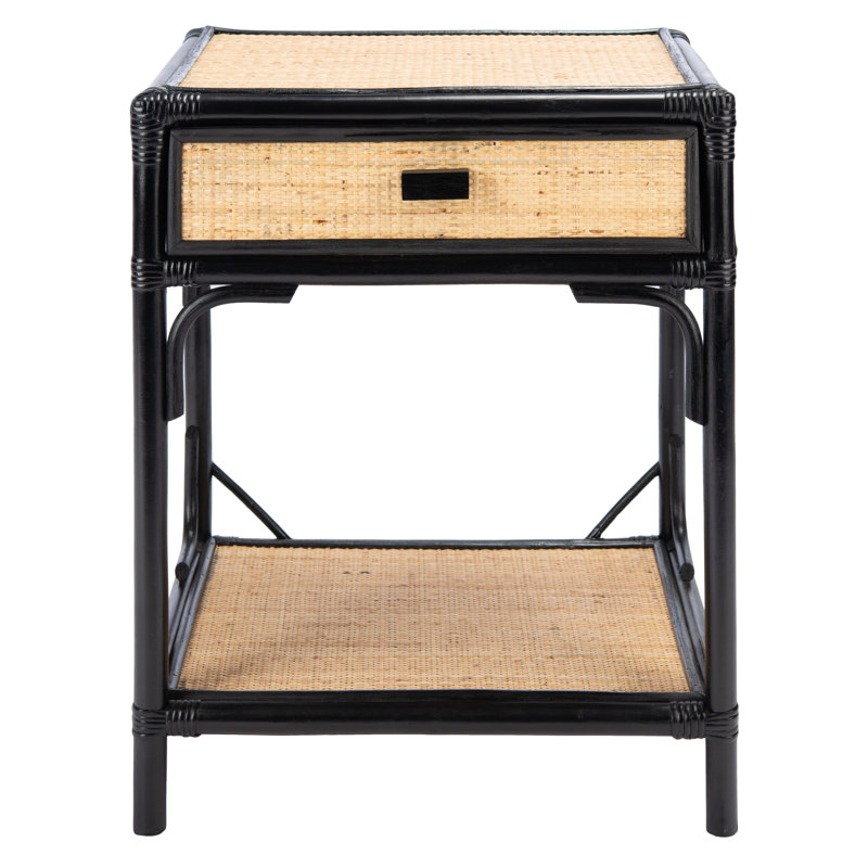 Elegant Boatner Coastal Nightstand – 18.5'' W Wicker & Bamboo Bedside Table with Drawer & Open Shelf, Black/Natural