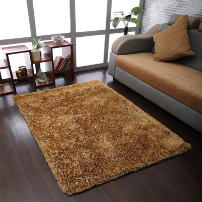 Birkett Hand Tufted Shag Polyester Eco-Friendly Area Rugs - Rectangle, Gold Color, Plain Solid Design, High Pile Thick Handmade Anti Skid Area Rugs for Living Room, Bed Room