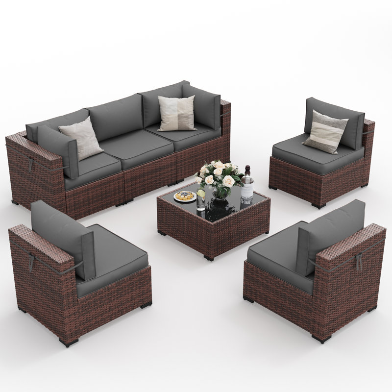 7 Piece Rattan Sectional Seating Group With Cushions, Gray