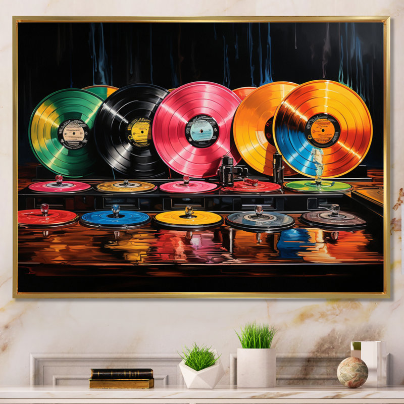 Colorful Colorful Serenade II - Disques vinyle, art mural, Cadre flottant doré, H 16 po x l 32 po x P 1 po