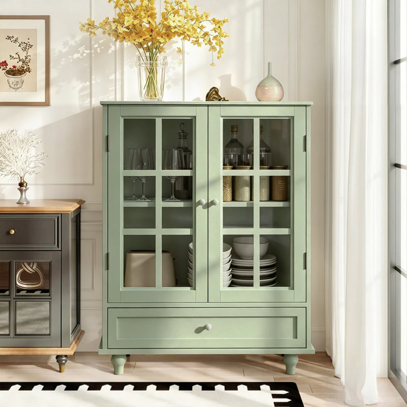 Minimalist Buffet Cabinet With Double Glass Doors And 1 Drawer, Modern Wooden Storage Sideboard Cupboard For Living Room, Dining Room, Hallway