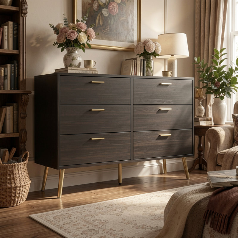 Ololade 6 Drawer Accent Chest with Metal Legs, Dark Brown
