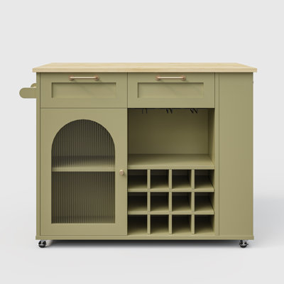 Kitchen Island With Locking Wheels, Power Outlet, 2 Drawers, Removable Wine Racks, Adjustable Shelf, Olive Green by Hokku Designs