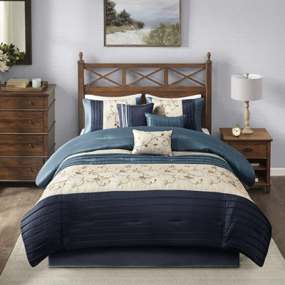 Édredon bleu marine 7 pièces - Élégant avec détails de broderie, 2 taies décoratives, 3 coussins, jupe de lit lavable à la machine, broderie glamour, 1 pli décoratif - confort