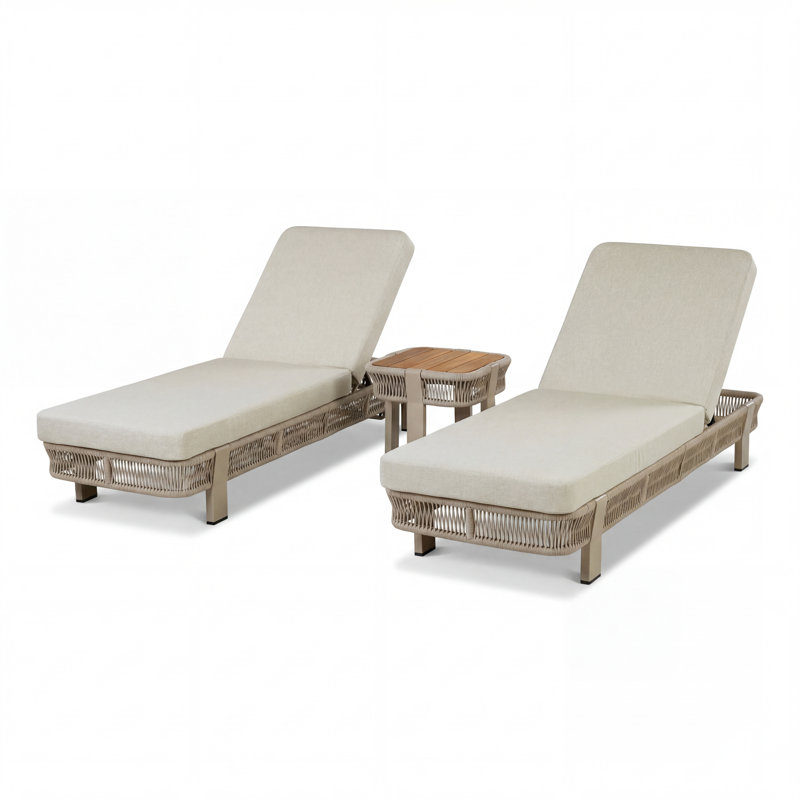 Ensemble de chaise longue Bodhi tissé avec dossier réglable, table d'appoint et coussin, Beige Cushion/Natural Frame, 2