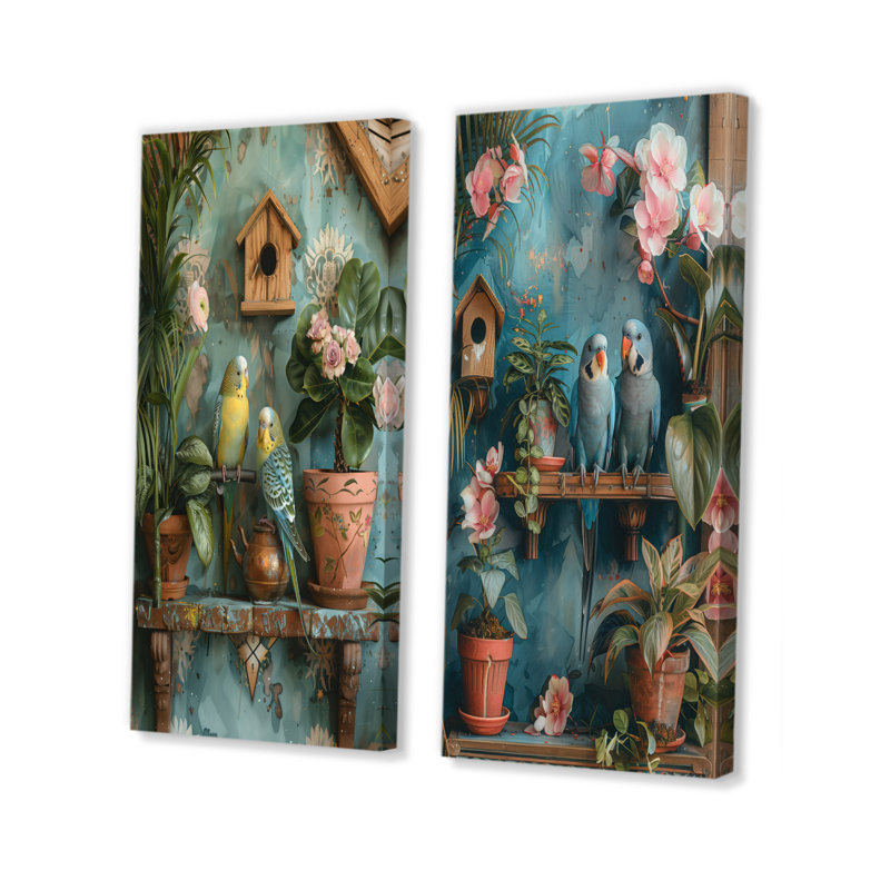 «Parakeets In A Flower Garden I» - ensemble d'art mural 2 pièces, Toile tendue, H 28 po x l 24 po