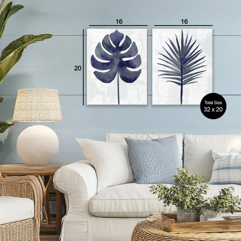 Ensemble de 2 toiles bleu marine Monstera et palmier bleu marine, design par Christie Adams, H 20 po x l 16 po