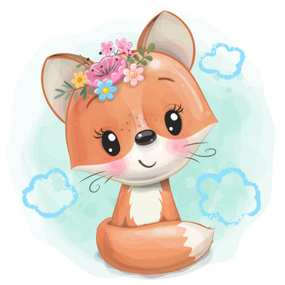 Cartoon Fox with Flowers on a Blue Background 1 Piece Wall Art on Canvas