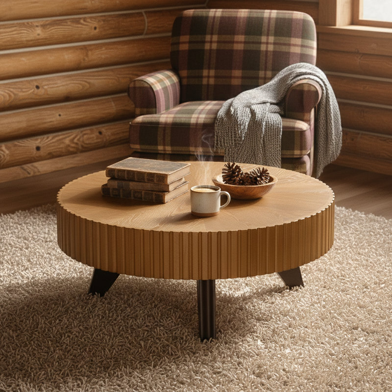Table basse ronde 35,4 po, Dessus naturel/Base brune