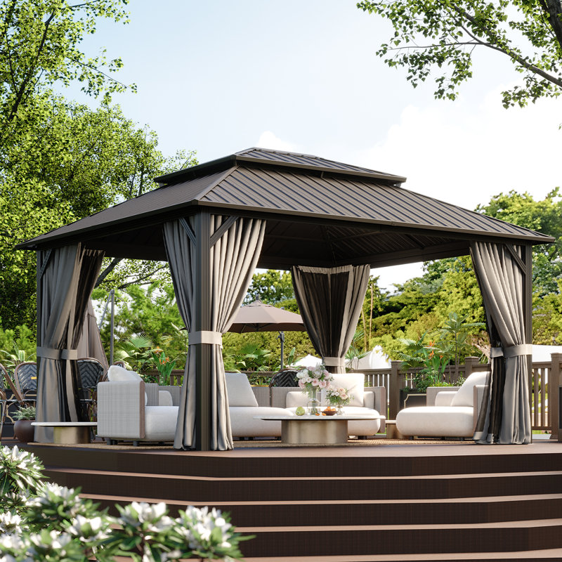 Hardtop Gazebo with Galvanized Steel Roof & Metal Frame, 14 Ft. W X 12 Ft. D, Gray