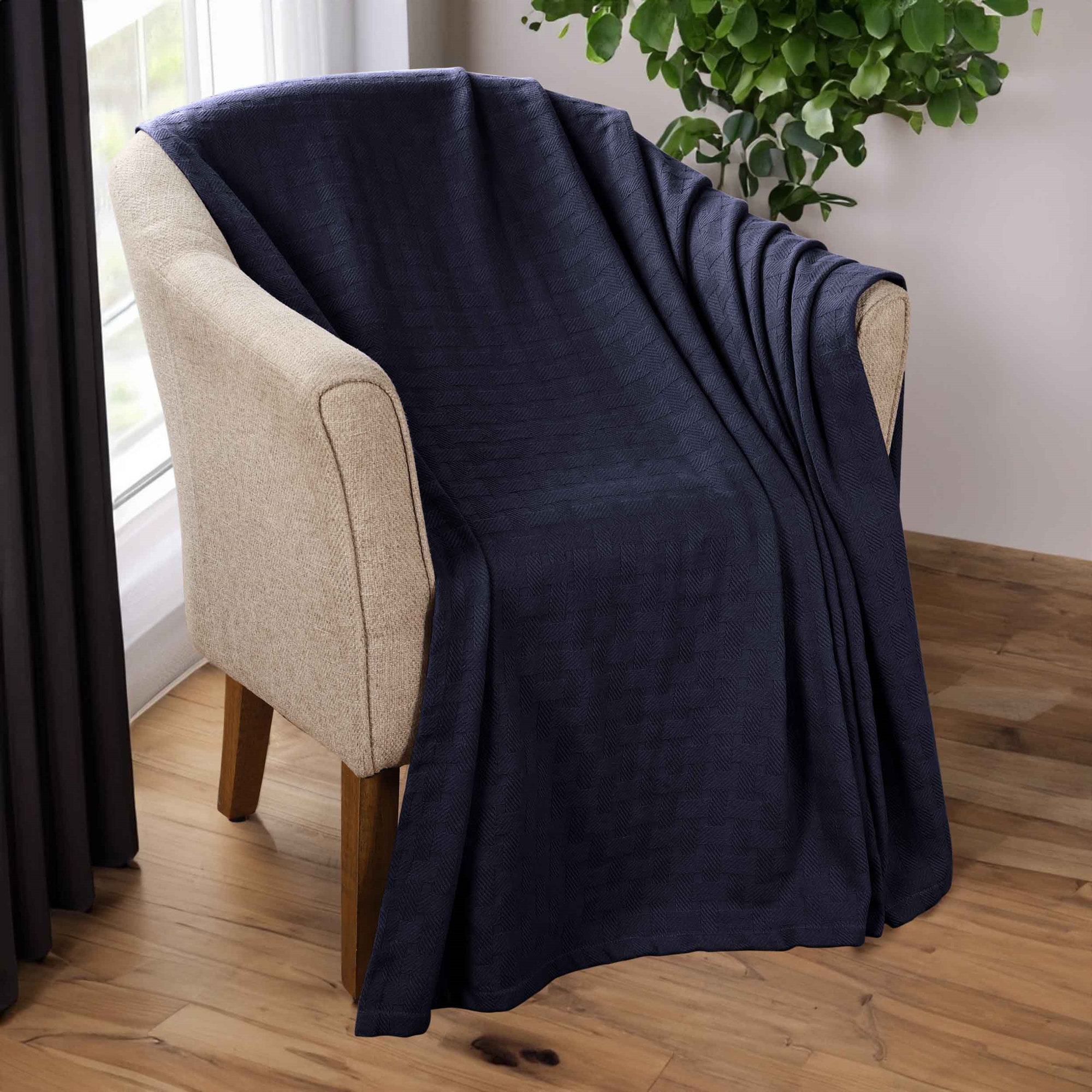 Bertie Cotton Machine Woven Throw Blanket, Navy Blue, Full/Queen