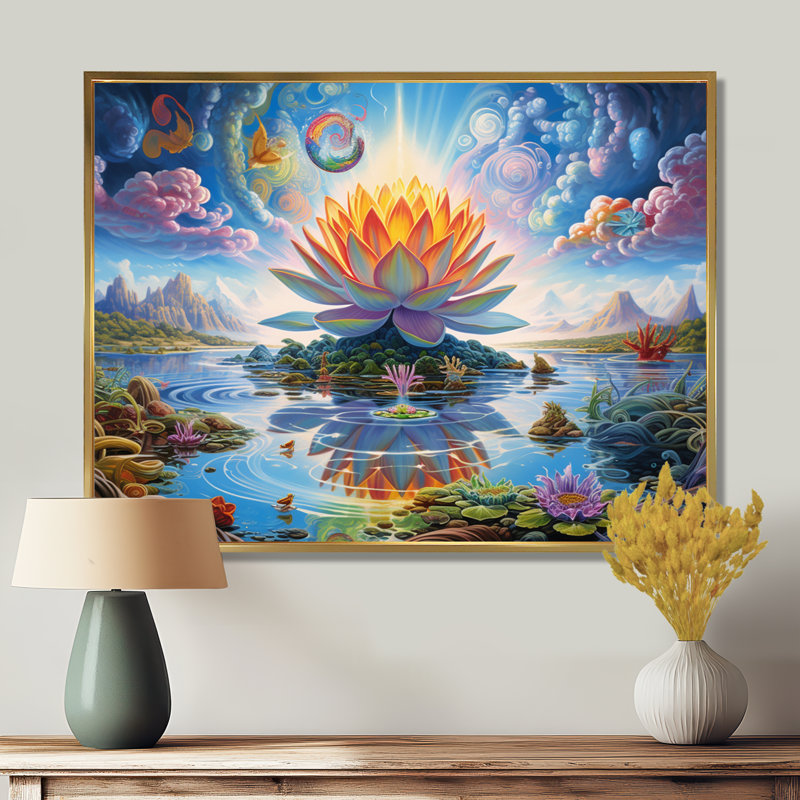 Lotus majestueux pastel - paysage abstrait, art mural, Cadre flottant doré, H 30 po x l 40 po