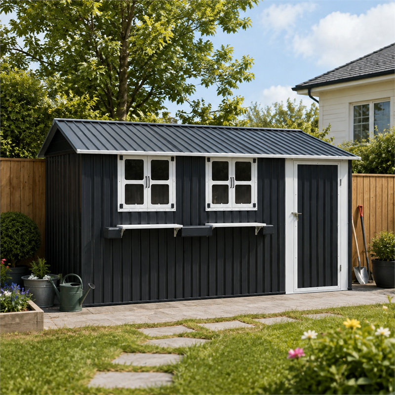 Abri de jardin gris avec fenêtres