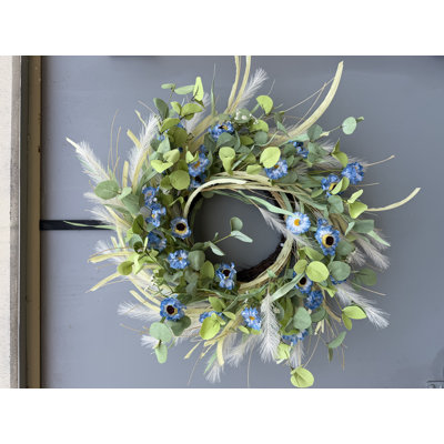 24" Artificial Farmhouse Spring Summer Pampas Grass Greenery Eucalyptus Blossom Cluster Daisy Front Door Wreath