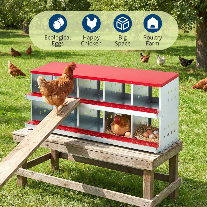 Boîte de nidification à 10 compartiments pour poulets, boîte de ponte en acier galvanisé robuste pour poules poules, nichoirs antirouille avec couvercle 62,99 po x l 18,9 po x H 27,95 po rouge