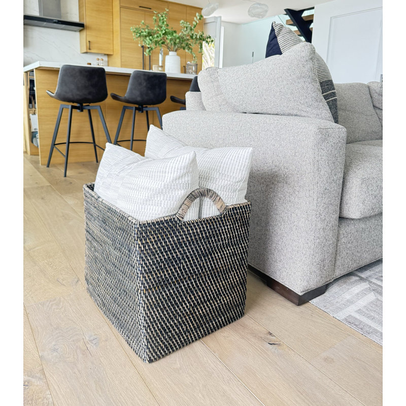 Grand panier de rangement décoratif en rotin avec poignées pour oreilles Simran, noir, blanc / brun délavé, Enduit noir