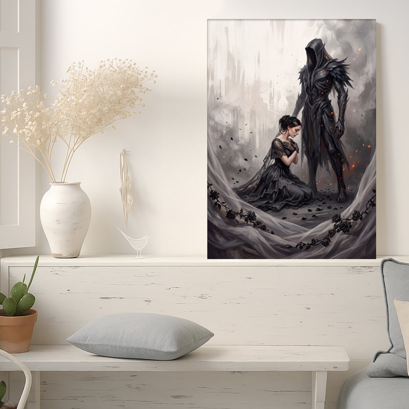 Art mural sur toile, "Femme à genoux en robe noire", 18"H x 12"W