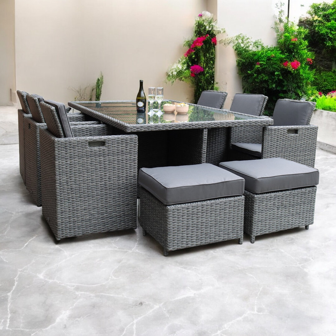 PARIS 10 Seater Cube Set 195x125cm Table with Parasol Hole, 6 Cube Chairs with Folding Backrest, 4 with Integral Stools including Cushions