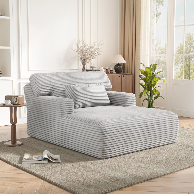 Oversized Corduroy Chaise Lounge Chair, Plush Upholstered Sleeper Chair With Back & Throw Pillow For Living Room, No Assembly Required