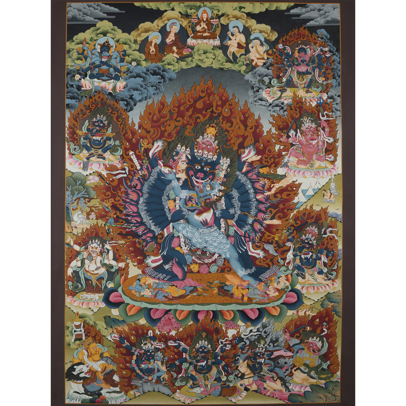 Yamantaka Thangka, art mural | 48 po x 48 po, toile de divinité bouddhiste courroucée peinte à la main | Décoration de méditation traditionnelle tibétaine spirituelle avec or 24 carats pour studio de yoga de salon