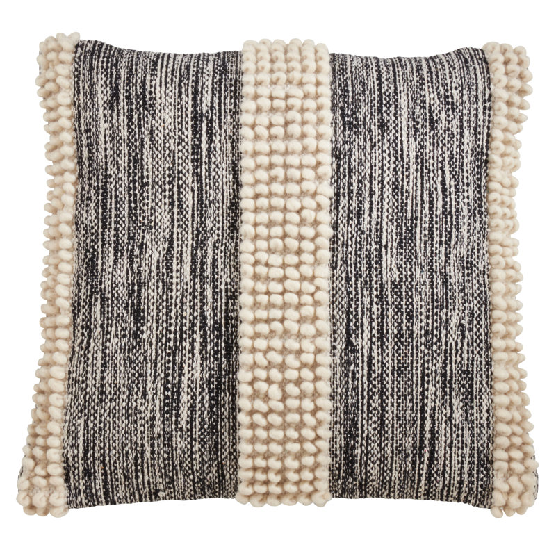 Cream and Black Pom-Pom Striped Cotton Throw Pillow
