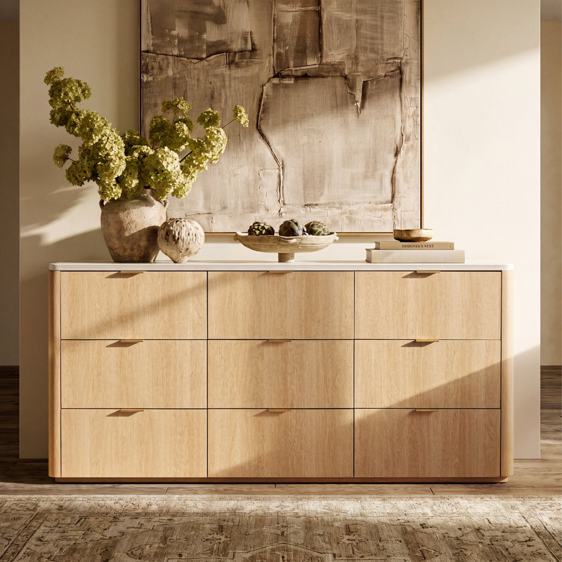 Elaren Corentin 63" Wide Dresser 9 Drawers With Storage Modern Faux Travertine Wood Chest For Bedroom Living Room