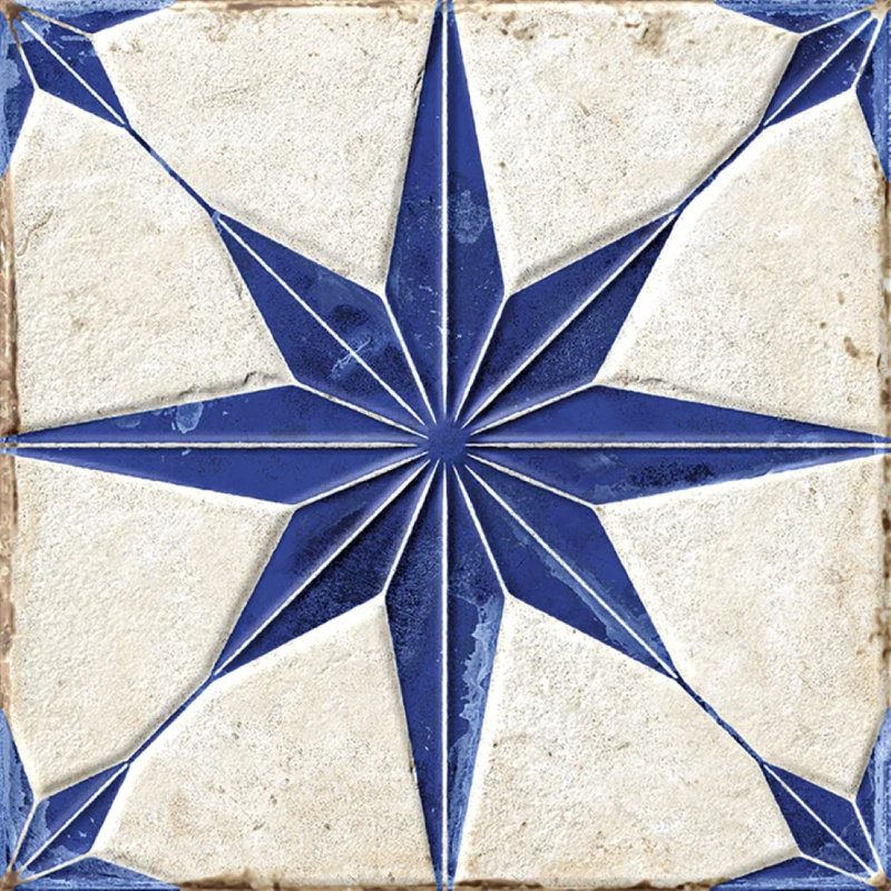 Palmera 9x9 Blue White Porcelain Star Square Wall and Floor Tile (6.96 sq ft/case) - 13 Pack, White/Blue/Beige