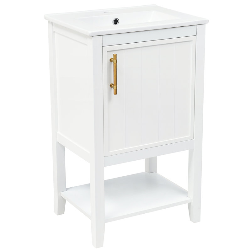 Meuble-lavabo blanc de 20 po avec lavabo simple, armoire, support de rangement et tablette ouverte - Porte autoportante en céramique peinte à fermeture en douceur de 20 po, quincaillerie en acier inoxydable