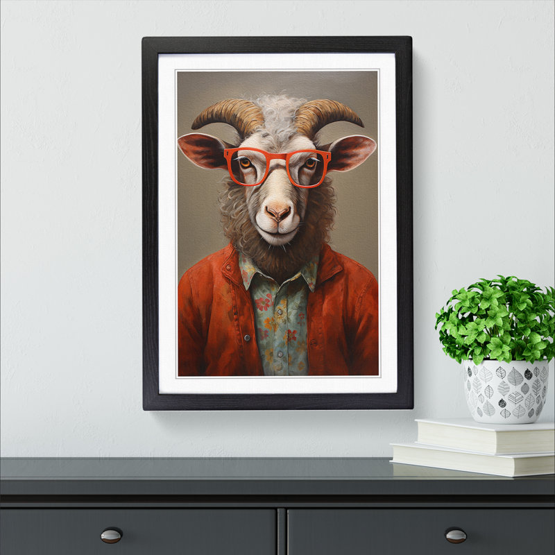 Ram Sheep With Glasses Painting - Single Picture Frame Print on Wood, Black Framed, 34cm H x 25cm W x 2cm D