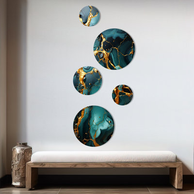 Agate topaze verte et dorée granite II - ensemble abstrait d'art mural rond de 5