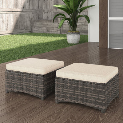Ensemble de 2 repose-pieds d'extérieur en rotin tissé à la main avec coussins élastiques - Multifonctionnel pour la terrasse, le jardin et la cour