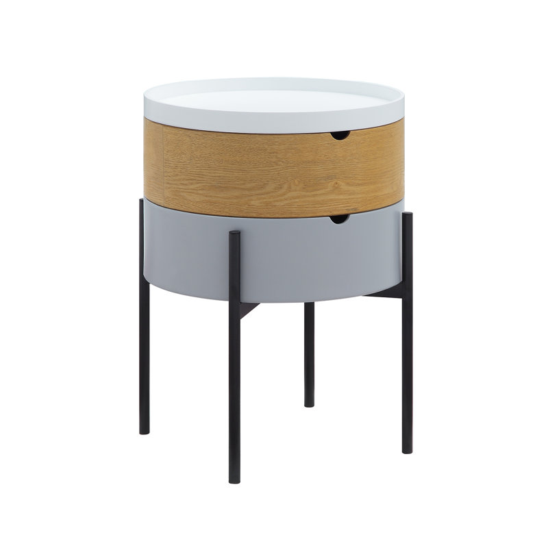 Round White and Wood End Table with Black Metal Legs