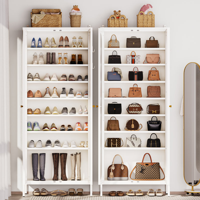 67"H Metal Shoe Storage Cabinet with 8 Adjustable Shelves, White