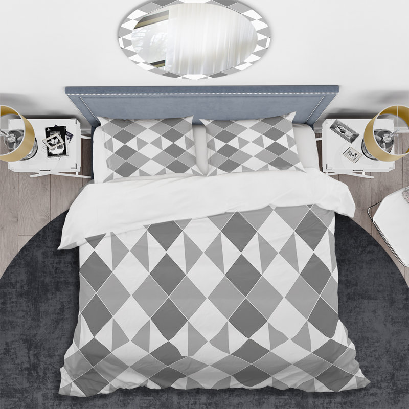 Ensemble de housse de couette moderne gris et blanc Argyle II, Housse de couette simple et deux taies décorative