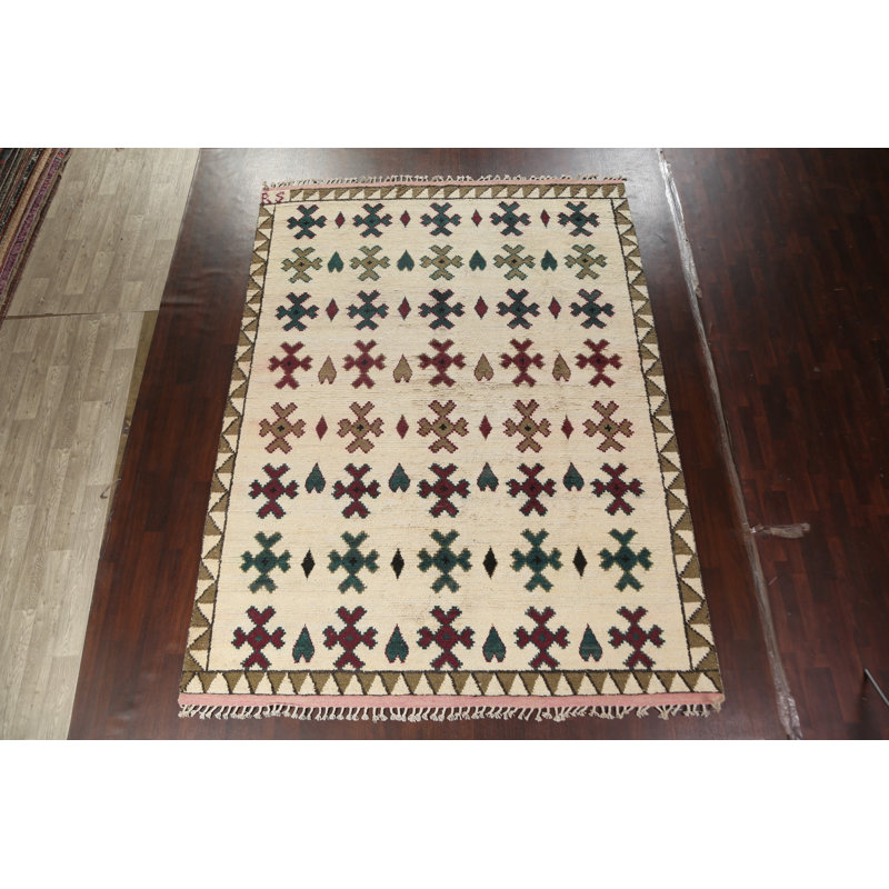 Tapis beige en laine noué à la main de conception unique 9 pi 0 po x 12 pi 4 po