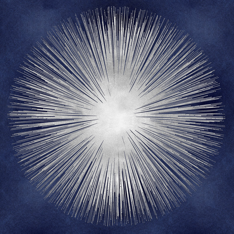 " Silver Sunburst On Blue I ", 12" H x 12" W, Picture Framed Canvas, Walnut