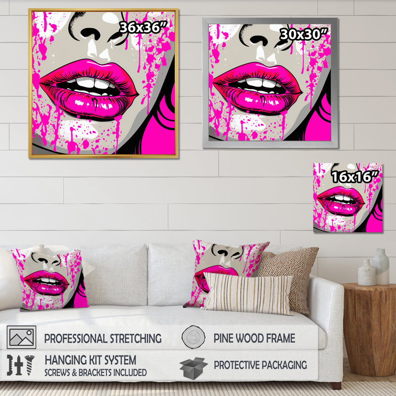 Popart sensuel, lèvres roses sur toile, H 36 po x l 36 po x P 1,5 po, Cadre simple argenté