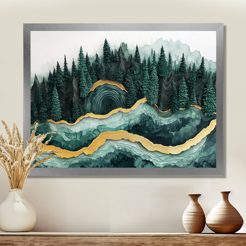 Forêt forêt de cristal émeraude III - forêt, art mural, H 12 po x l 20 po, Cadre simple, Argent argent