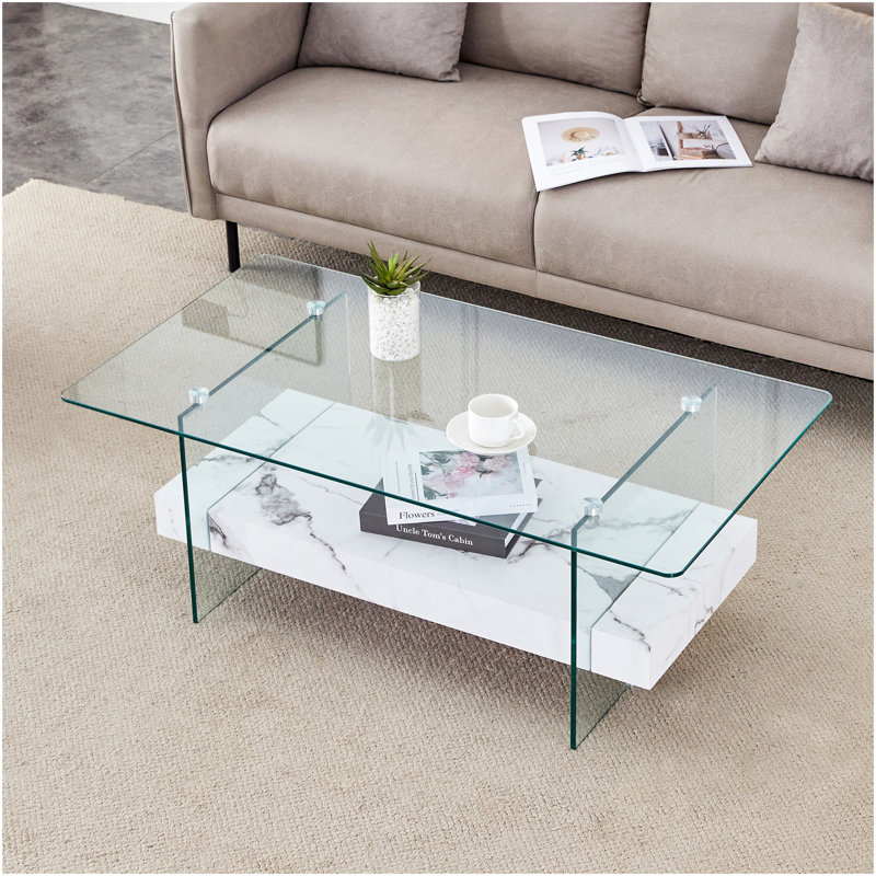 Table basse rectangulaire flottante double couche, pieds en verre blanc, pieds en verre blanc, Blanc